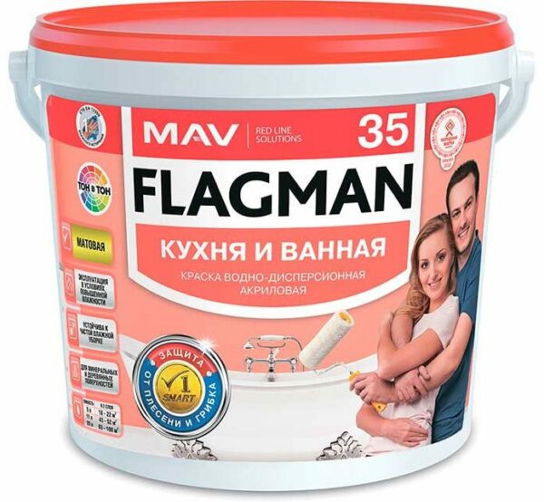 Краска ВД FLAGMAN 35 кухня и ванная база TR матовая 3 л купить в сети строительных магазинов Мастак