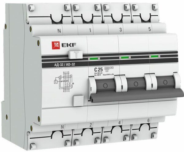 Дифавтомат EKF PROxima АД-32 3P+N 32А 30мА тип AC (DA32-32-30-4p-pro)  купить в сети строительных магазинов Мастак