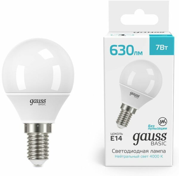 Лампа светодиодная E14 Gauss Basic G45 7 Вт 4000K (10501272) купить в сети строительных магазинов Мастак