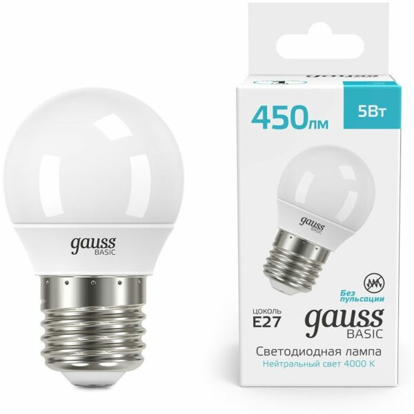 Лампа светодиодная E27 Gauss Basic G45 5 Вт 4000K (10502252) купить в сети строительных магазинов Мастак
