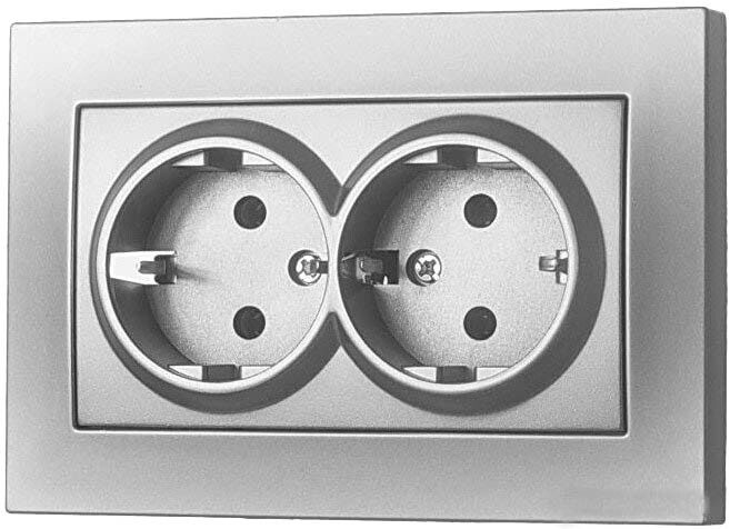 Розетка двойная скрытая с заземлением EL-BI Vega серебро (510-011030-907) купить в Мастак Розетка двойная скрытая с заземлением EL-BI Vega серебро (510-011030-907) купить в сети строительных магазинов Мастак