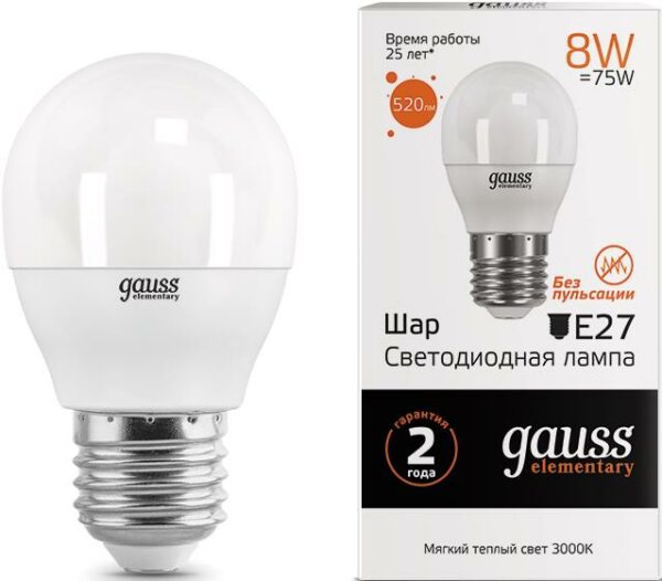 Лампа светодиодная E27 GAUSS Elementary G45 8 Вт 3000K (53218) купить в сети строительных магазинов Мастак