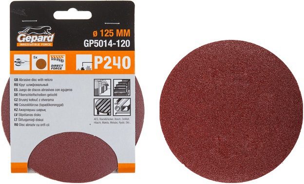 Шлифлист круглый самосцепляющийся 125 мм Р240 GEPARD 5 штук (GP5014-240) купить в Мастак Шлифлист круглый самосцепляющийся 125 мм Р240 GEPARD 5 штук (GP5014-240) купить в сети строительных магазинов Мастак