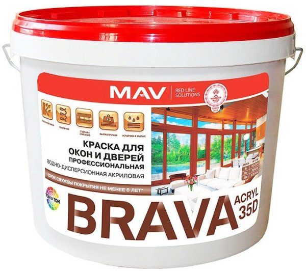 Краска ВД BRAVA Acryl 35D для окон и дверей профессиональная белая полуматовая 1 л купить в Мастак Краска ВД BRAVA Acryl 35D для окон и дверей профессиональная белая полуматовая 1 л купить в сети строительных магазинов Мастак