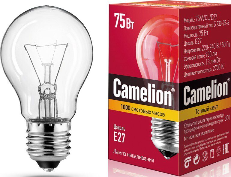 Лампа накаливания E27 75 Вт CAMELION 2700К купить в Мастак Лампа накаливания E27 75 Вт CAMELION 2700К купить в сети строительных магазинов Мастак