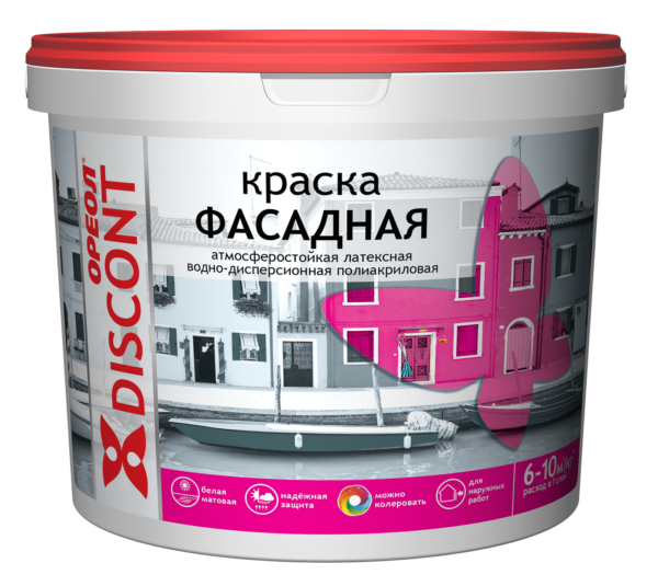 Краска акриловая ОРЕОЛ Дисконт фасадная атмосферостойкая белая 13 кг купить в сети строительных магазинов Мастак