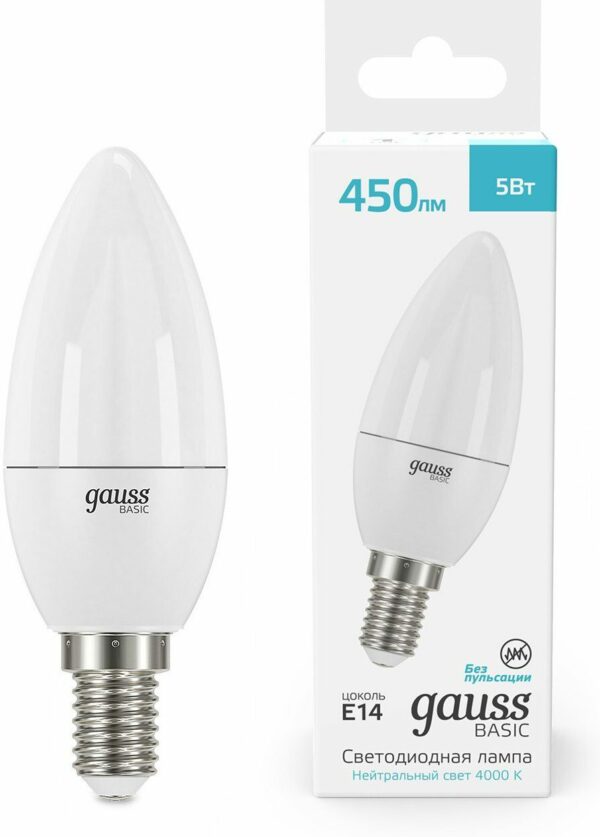 Лампа светодиодная E14 Gauss Basic C37 5 Вт 4000K (10301252) купить в сети строительных магазинов Мастак