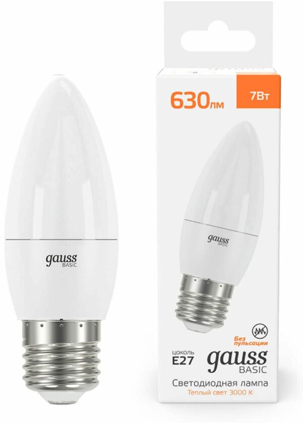 Лампа светодиодная E27 Gauss Basic C37 7 Вт 3000K (10302172) купить в сети строительных магазинов Мастак
