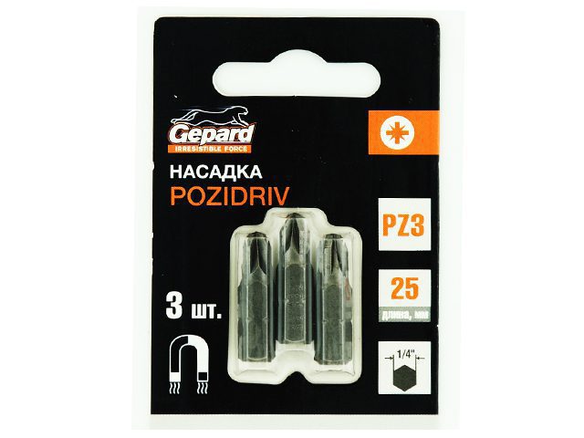 Бита для шуруповерта магнитная PZ3 25 мм GEPARD 3 штуки (GP3505-25) купить в Мастак Бита для шуруповерта магнитная PZ3 25 мм GEPARD 3 штуки (GP3505-25) купить в сети строительных магазинов Мастак