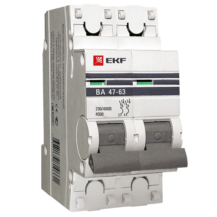 Автоматический выключатель 2P 63А (C) 4,5kA ВА 47-63 EKF PROxima