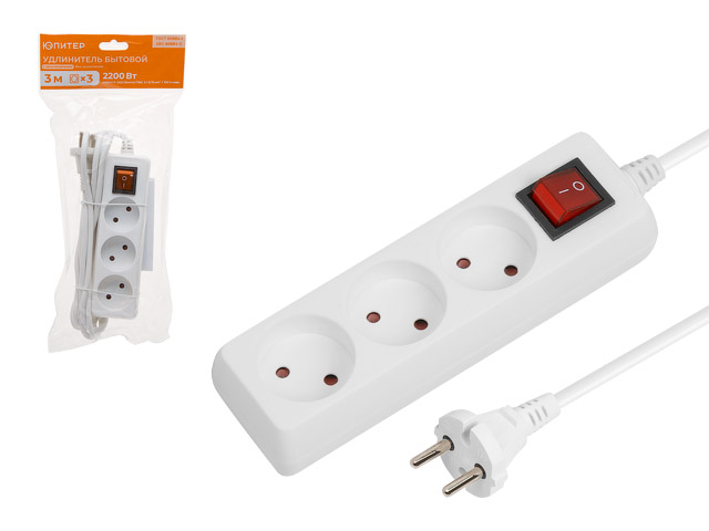 Удлинитель 3м (3 роз., 2,2кВт, б з, выкл, ПВС 2х0,75) Юпитер