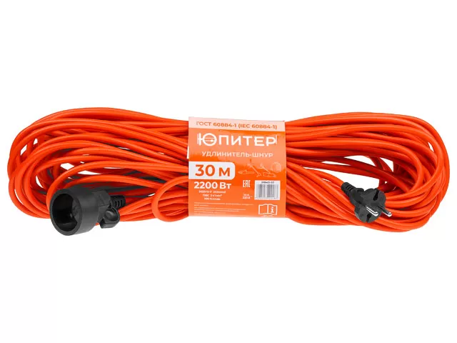 Удлинитель-шнур 30м (1 роз., 2,2кВт, б/з, ПВС 2х1) Юпитер